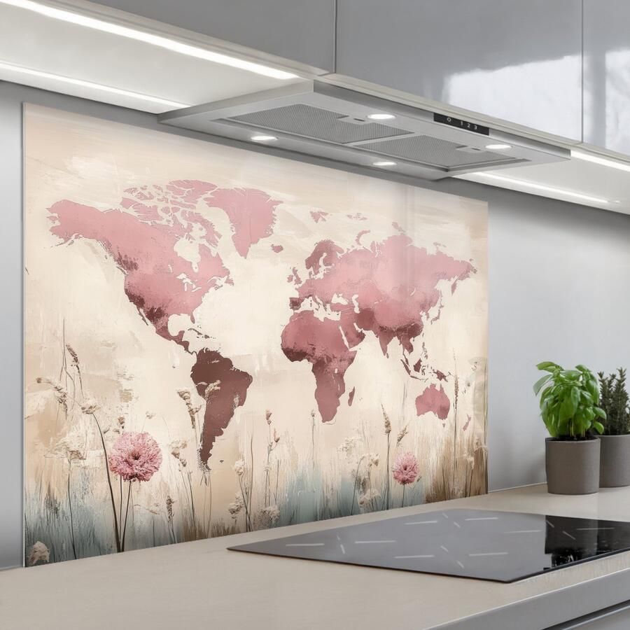 KitchenYeah Spatscherm 120x80 cm Zelfklevende achterwand Wereldkaart Roze Bloemen Keuken muurbeschermer Spatwand fornuis - Foto 1