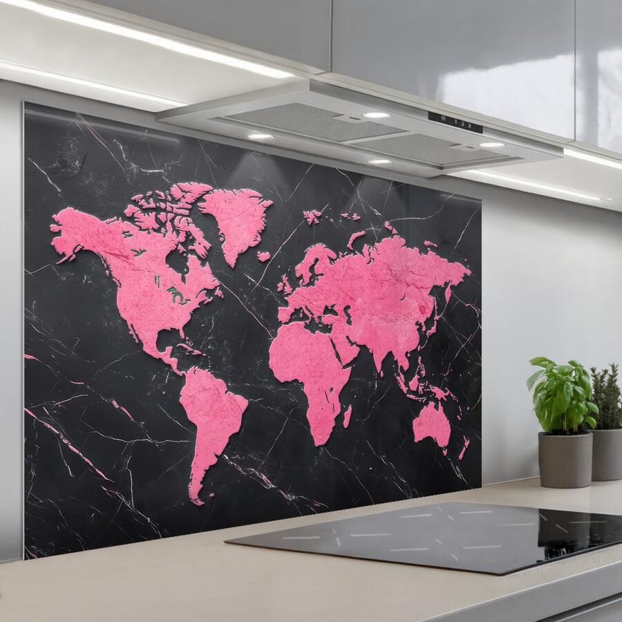 KitchenYeah Spatscherm 120x80 cm Zelfklevende achterwand Wereldkaart Roze Marmer print Keuken muurbeschermer Spatwand fornuis