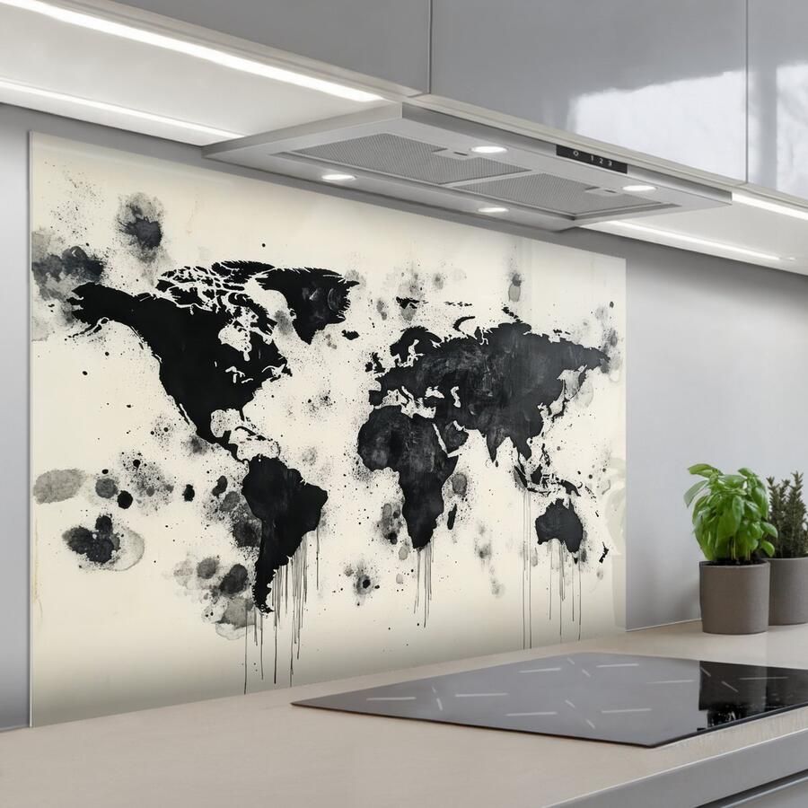 KitchenYeah Spatscherm 120x80 cm Zelfklevende achterwand Wereldkaart Zwart Inkt Keuken muurbeschermer Spatwand fornuis - Foto 1