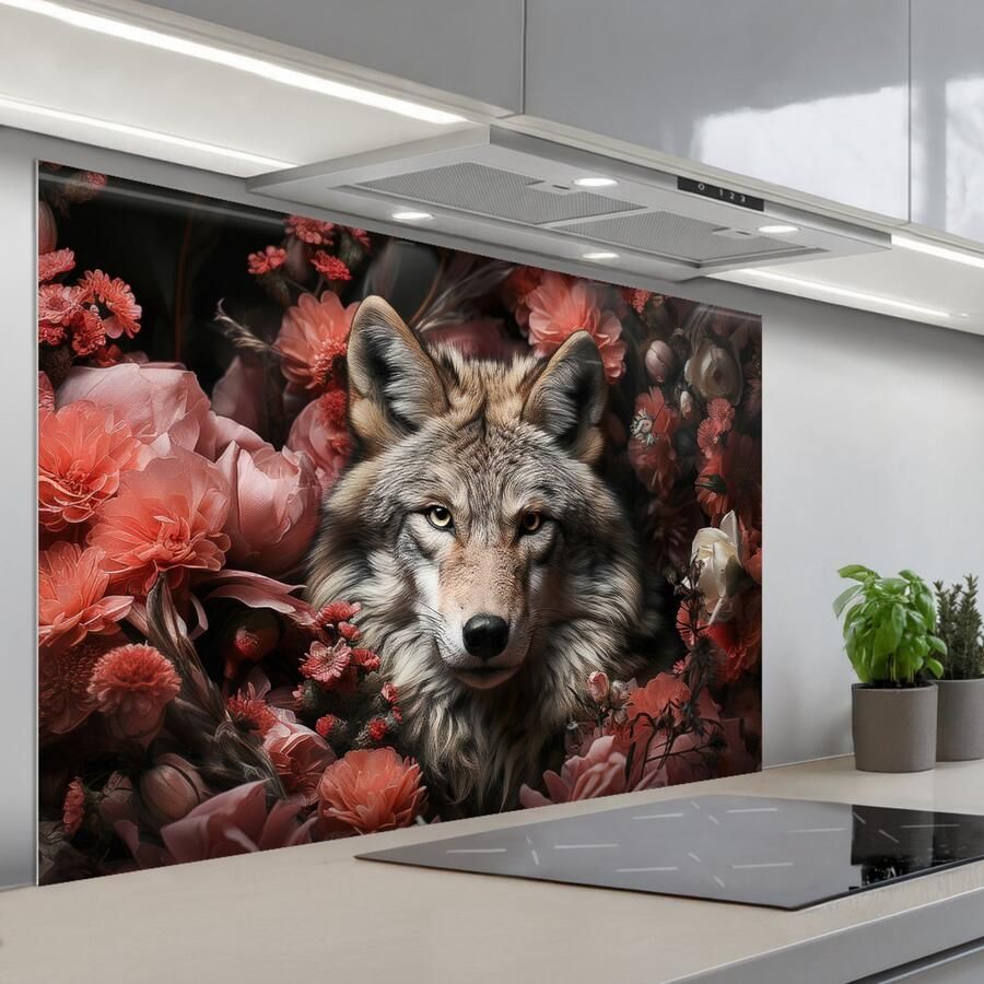 KitchenYeah Spatscherm 120x80 cm Zelfklevende achterwand Wolf Dier Bloemen Botanisch Natuur Fantasie Keuken muurbeschermer Spatwand fornuis