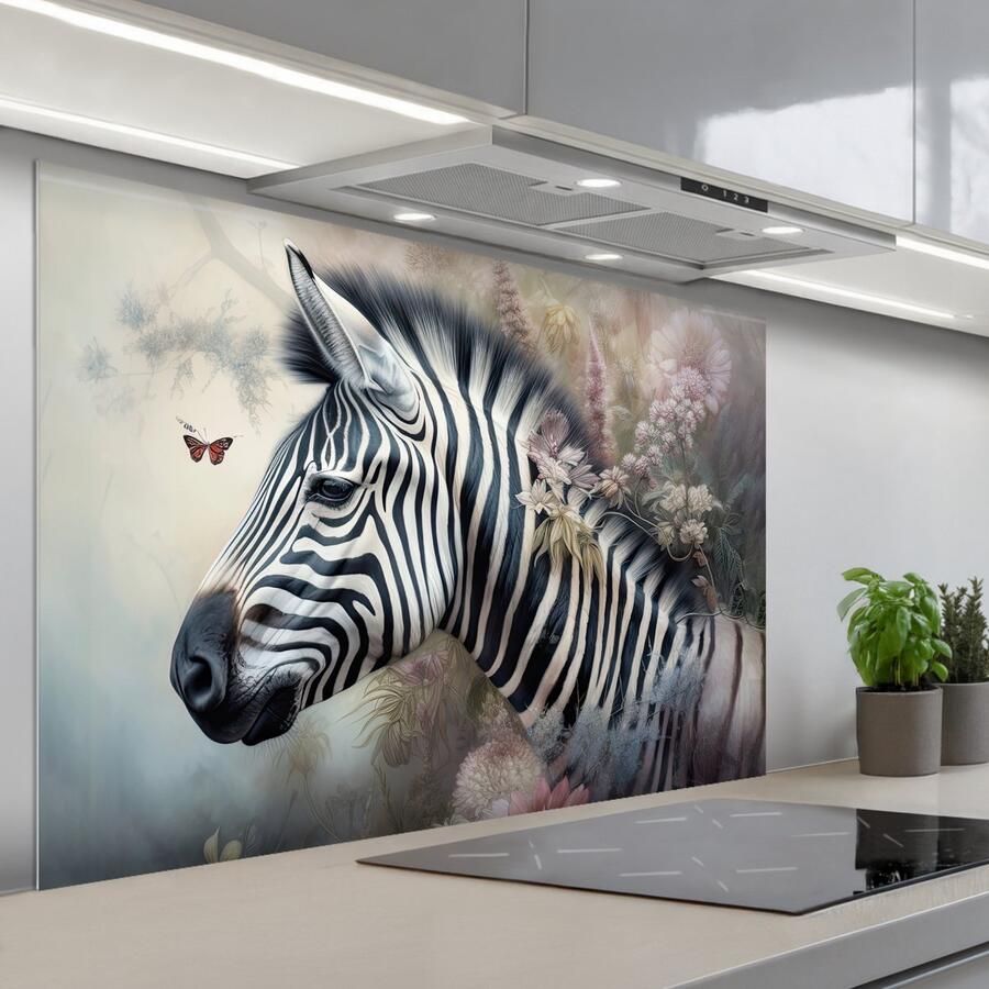 KitchenYeah Spatscherm 120x80 cm Zelfklevende achterwand Zebra Wilde dieren Vlinder Bloemen Keuken muurbeschermer Spatwand fornuis