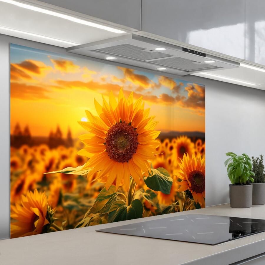 KitchenYeah Spatscherm 120x80 cm Zelfklevende achterwand Zonnebloem Bloemen Geel Bloemenveld met zonnebloemen Keuken muurbeschermer Spatwand fornuis