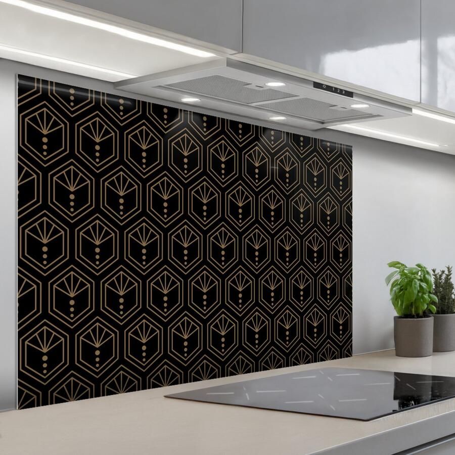 KitchenYeah Spatscherm 120x80 cm Zelfklevende achterwand Zonnestraal Zwart Goud Stippen Keuken muurbeschermer Spatwand fornuis