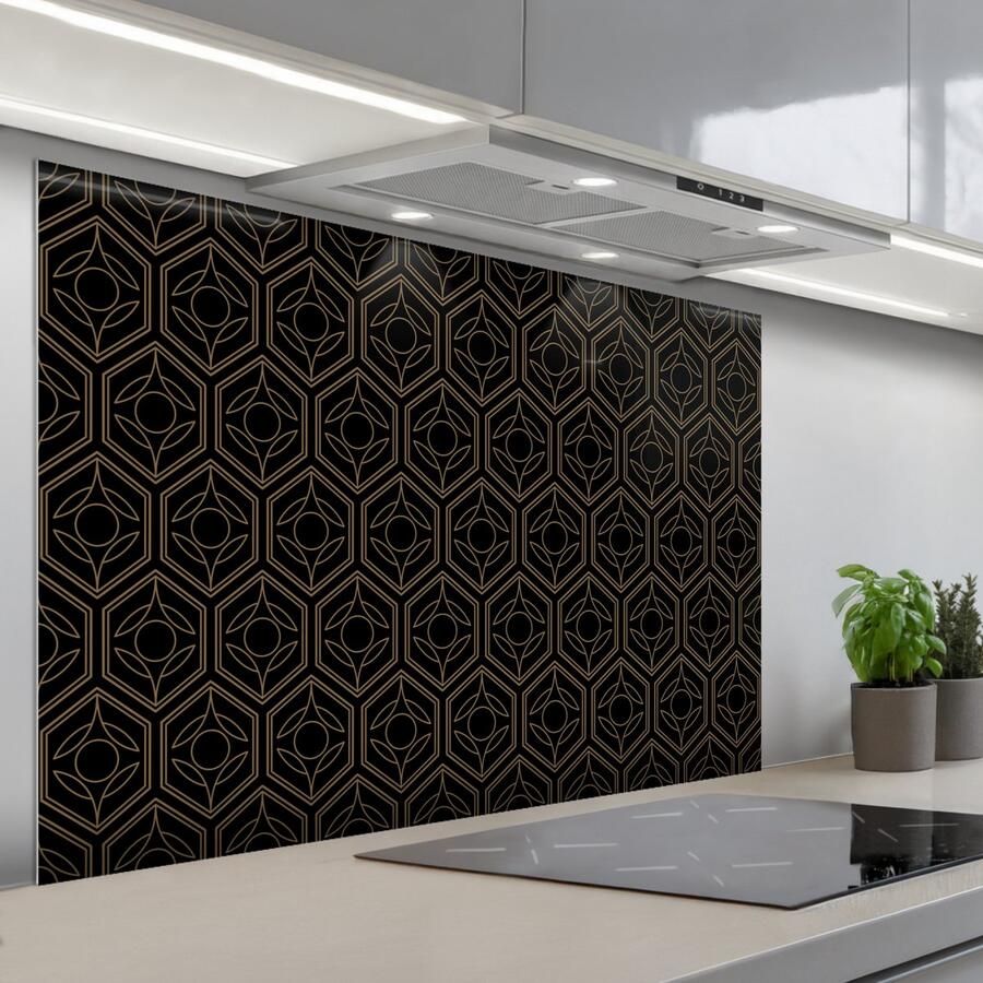 KitchenYeah Spatscherm 120x80 cm Zelfklevende achterwand Zwart Goud Bloemenkern Keuken muurbeschermer Spatwand fornuis