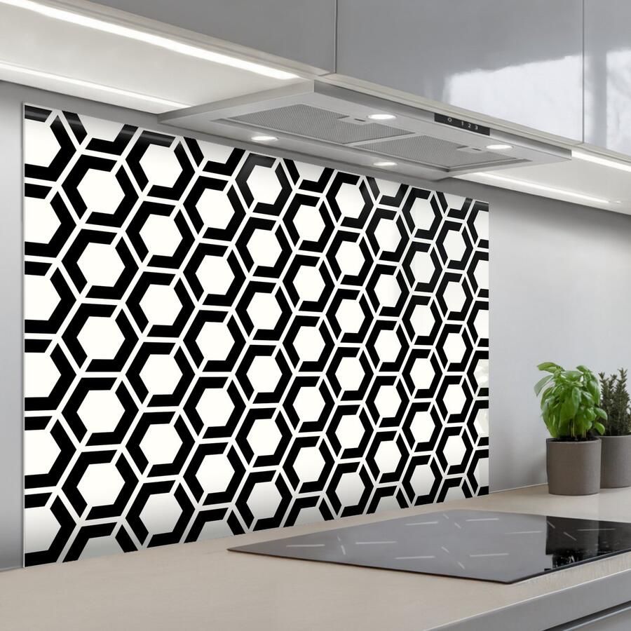 KitchenYeah Spatscherm 120x80 cm Zelfklevende achterwand Zwart Wit Geometrisch Patroon Keuken muurbeschermer Spatwand fornuis