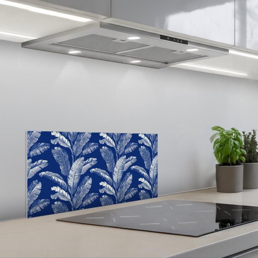 KitchenYeah Spatscherm 70x30 cm Zelfklevende achterwand Blad Palm Blauw Keuken muurbeschermer Spatwand fornuis