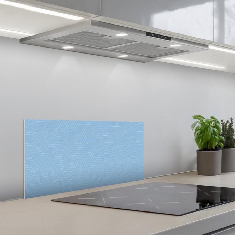KitchenYeah Spatscherm 60x30 cm Zelfklevende achterwand Blauw Wit Lijnen Patroon Keuken muurbeschermer Spatwand fornuis