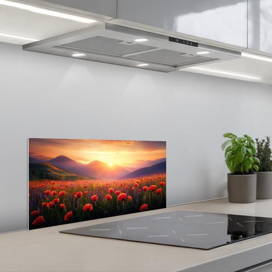 KitchenYeah Spatscherm 60x30 cm Zelfklevende achterwand Landschap Zonsondergang Bloemenveld Keuken muurbeschermer Spatwand fornuis
