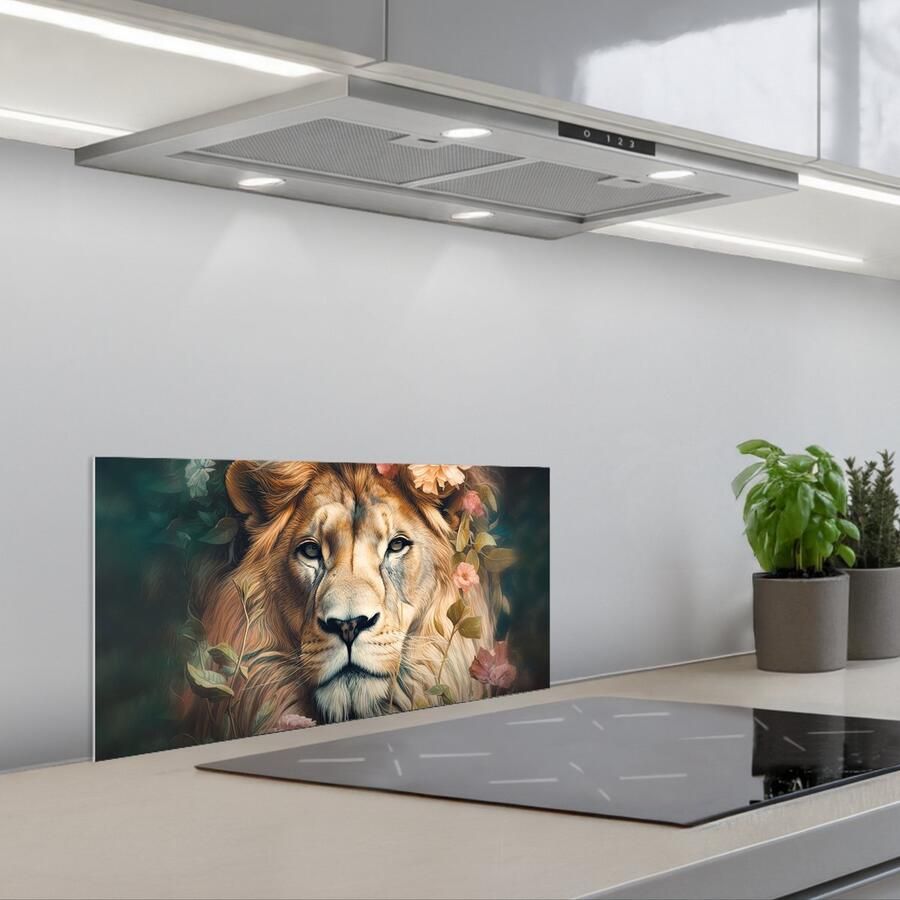 KitchenYeah Spatscherm 60x30 cm Zelfklevende achterwand Leeuw Leeuwenkop Wilde dieren Bloemen Keuken muurbeschermer Spatwand fornuis