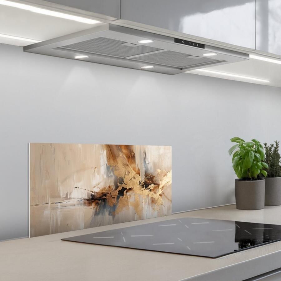 KitchenYeah Spatscherm 70x30 cm Zelfklevende achterwand Modern Bruin Abstract Beige Keuken muurbeschermer Spatwand fornuis