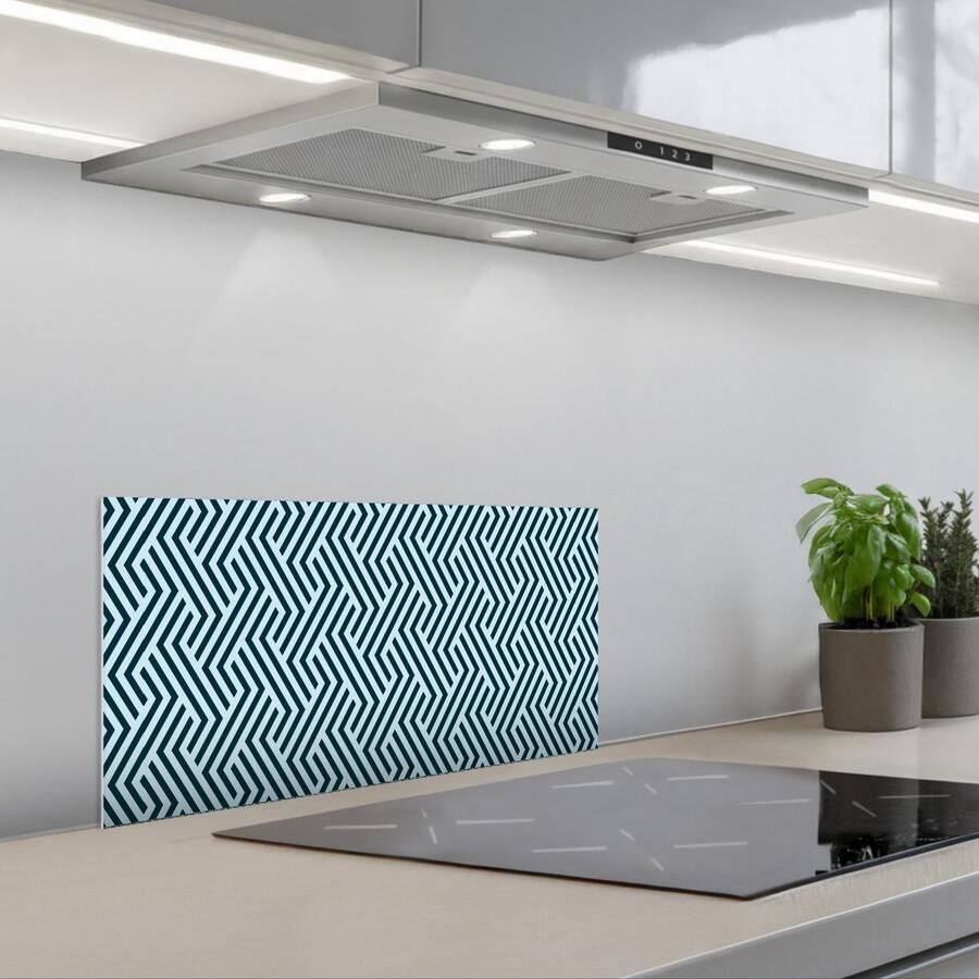 KitchenYeah Spatscherm 70x30 cm Zelfklevende achterwand Patroon Blauw Lijnen Zigzag Keuken muurbeschermer Spatwand fornuis