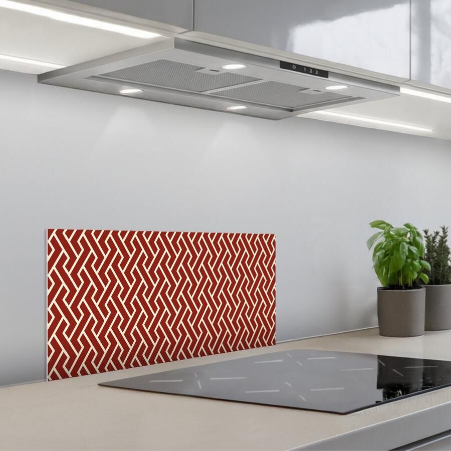 KitchenYeah Spatscherm 70x30 cm Zelfklevende achterwand Rood Beige Patroon Lijnen Keuken muurbeschermer Spatwand fornuis