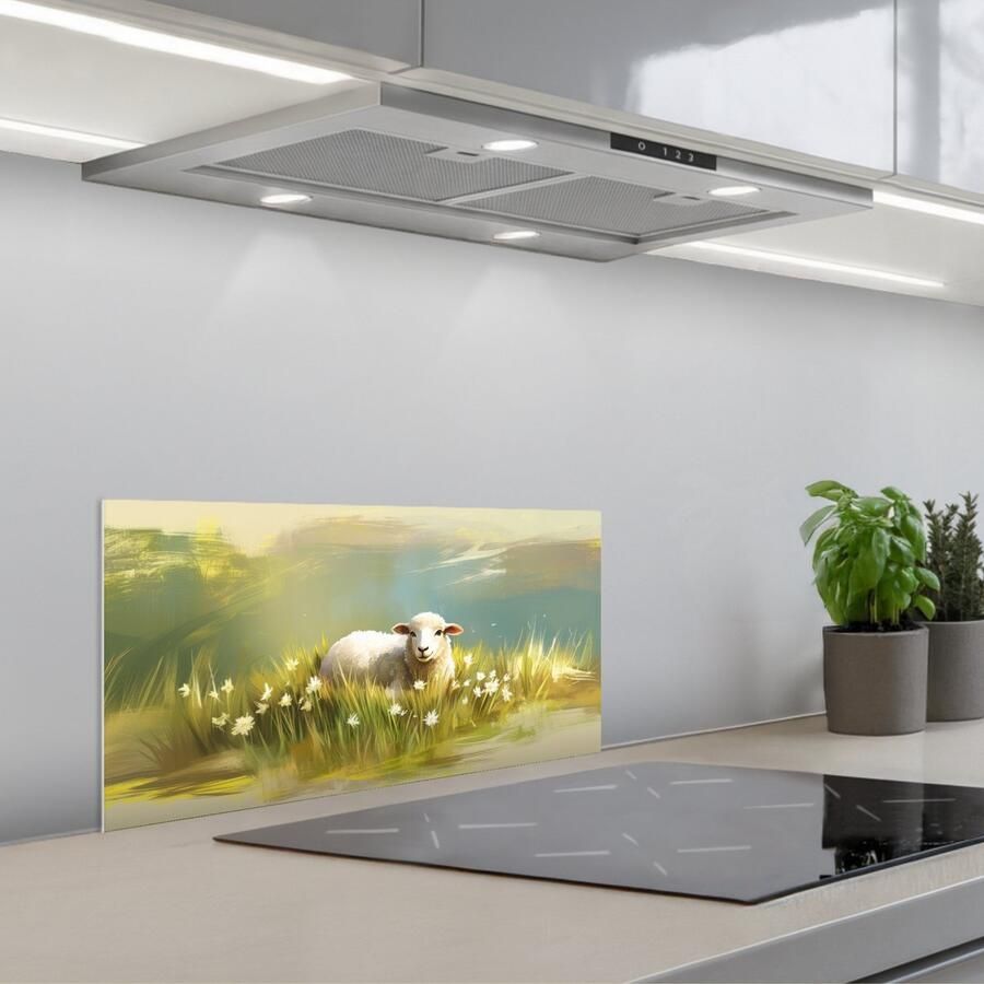 KitchenYeah Spatscherm 60x30 cm Zelfklevende achterwand Schaap Weide Groen Keuken muurbeschermer Spatwand fornuis