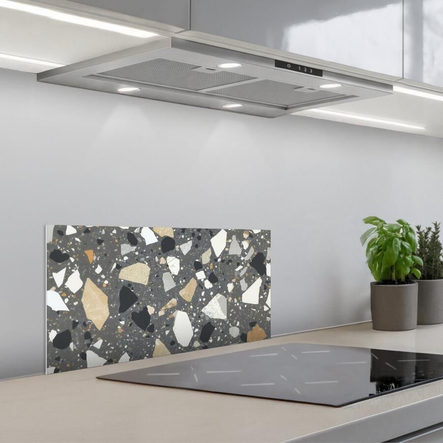 KitchenYeah Spatscherm 60x30 cm Zelfklevende achterwand Terrazzo Decoratie Interieur Stenen Keuken muurbeschermer Spatwand fornuis