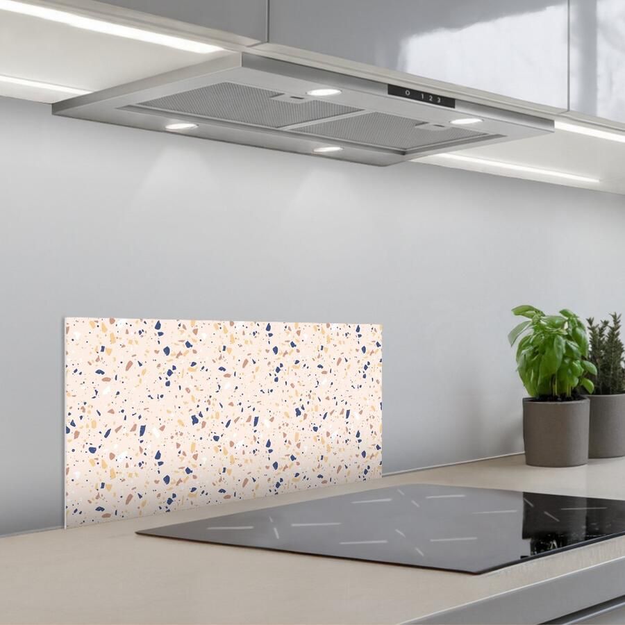 KitchenYeah Spatscherm 60x30 cm Zelfklevende achterwand Terrazzo Patroon Kleurrijk Indigo Keuken muurbeschermer Spatwand fornuis