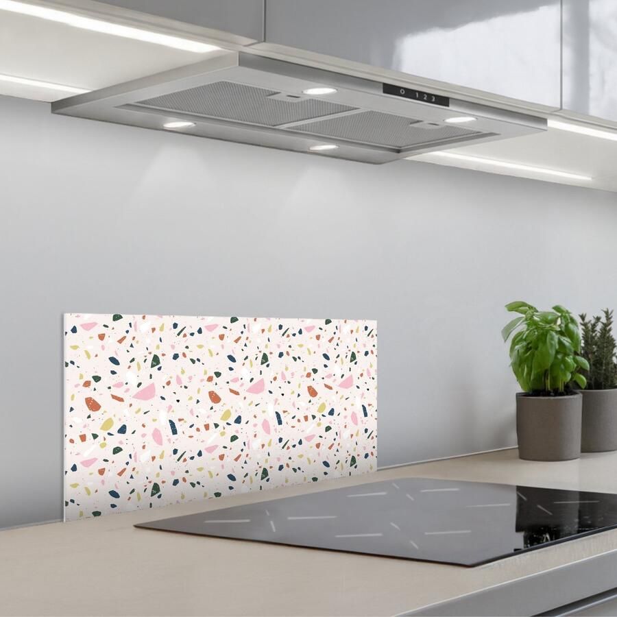 KitchenYeah Spatscherm 70x30 cm Zelfklevende achterwand Terrazzo Patroon Kleurrijk Keuken muurbeschermer Spatwand fornuis