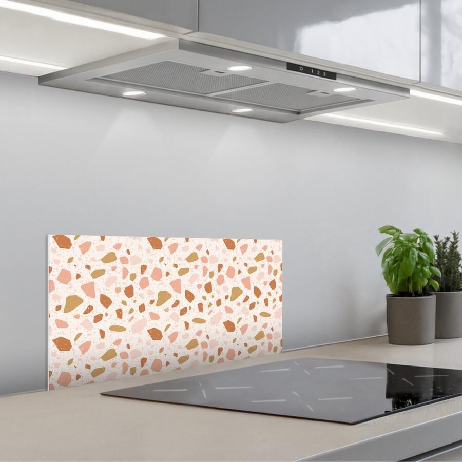 KitchenYeah Spatscherm 60x30 cm Zelfklevende achterwand Terrazzo Patroon Kleurrijk Zalm Keuken muurbeschermer Spatwand fornuis
