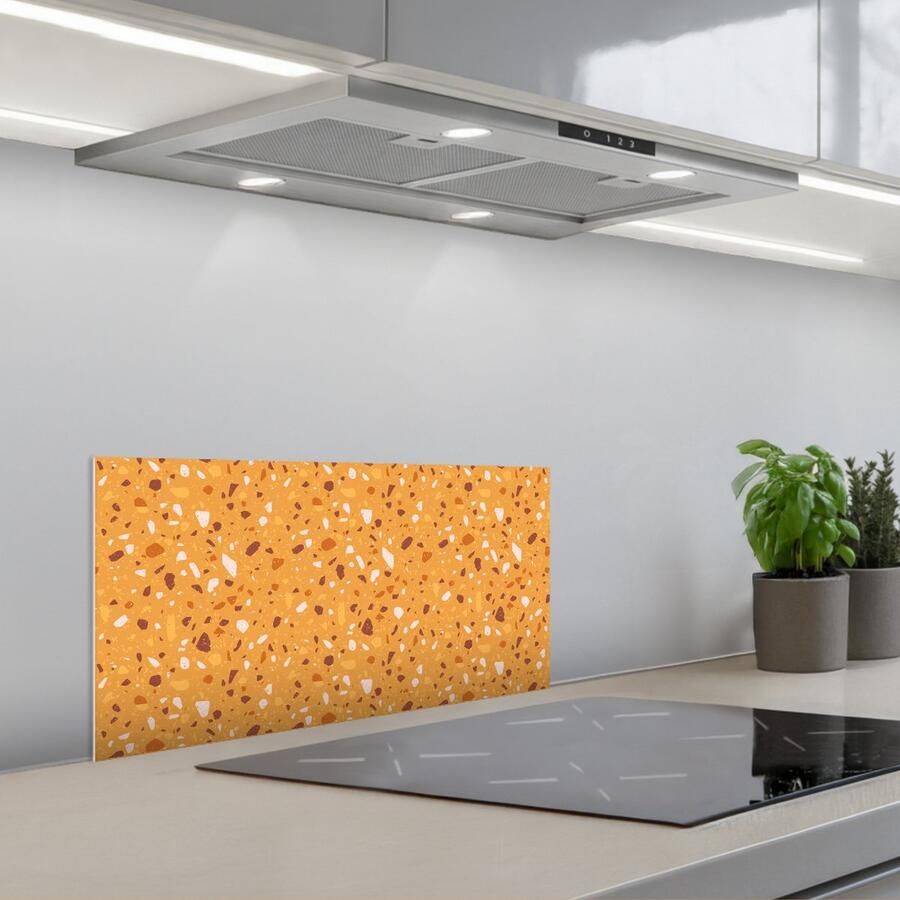 KitchenYeah Spatscherm 70x30 cm Zelfklevende achterwand Terrazzo Patroon Okergeel Keuken muurbeschermer Spatwand fornuis