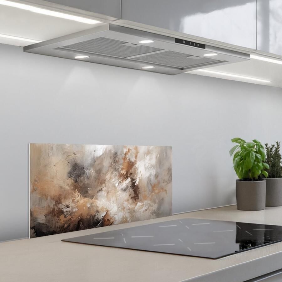 KitchenYeah Spatscherm 70x30 cm Zelfklevende achterwand Verf Abstract Beige Kunst Keuken muurbeschermer Spatwand fornuis