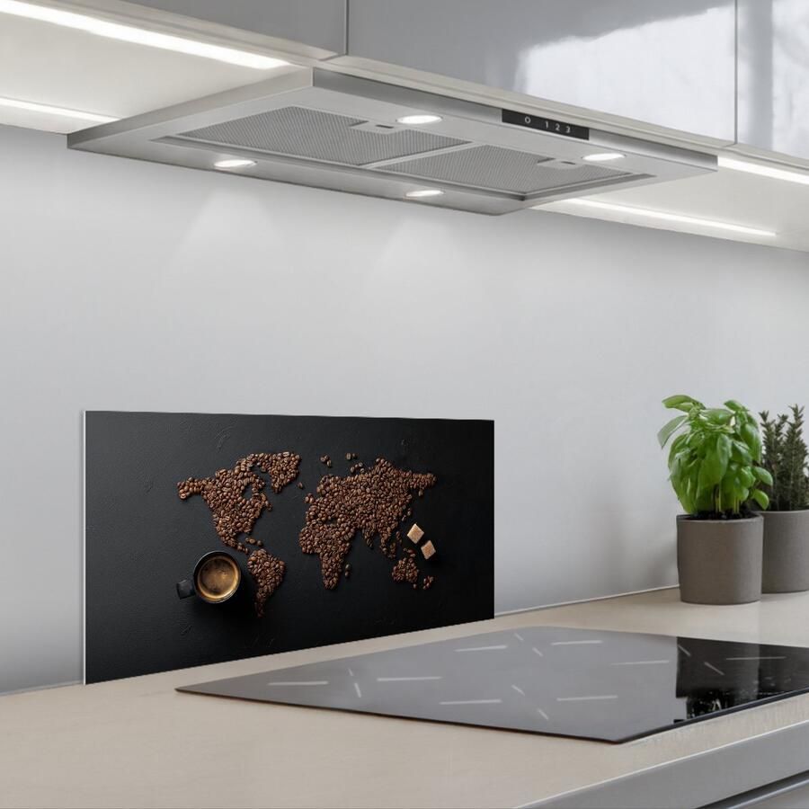 KitchenYeah Spatscherm 70x30 cm Zelfklevende achterwand Wereldkaart Espresso Zwart Keuken muurbeschermer Spatwand fornuis