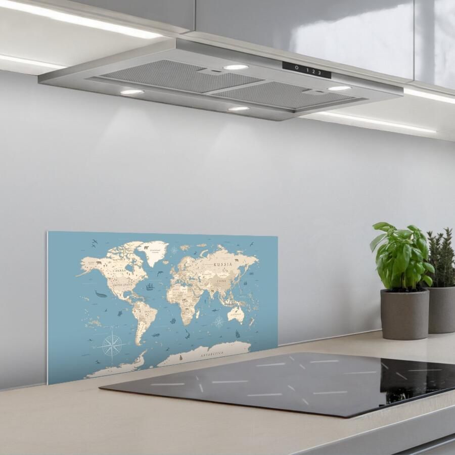KitchenYeah Spatscherm 70x30 cm Zelfklevende achterwand Wereldkaart Oceaan Realistisch Blauw Keuken muurbeschermer Spatwand fornuis