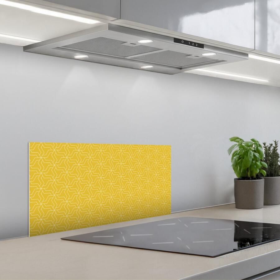 KitchenYeah Spatscherm 70x30 cm Zelfklevende achterwand Wit Geel Patroon Geometrisch Keuken muurbeschermer Spatwand fornuis