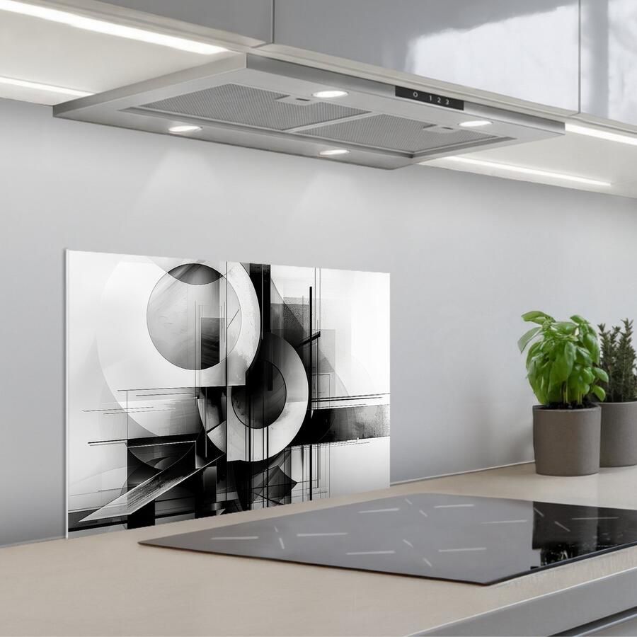 KitchenYeah Spatscherm 60x40 cm Zelfklevende achterwand Abstract Kunst Modern Zwart wit Keuken muurbeschermer Spatwand fornuis