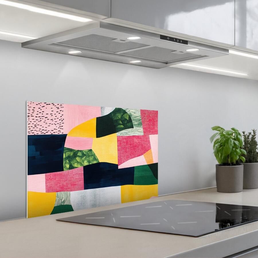 KitchenYeah Spatscherm 60x40 cm Zelfklevende achterwand Abstract Roze Lappen Vormen Geel Keuken muurbeschermer Spatwand fornuis