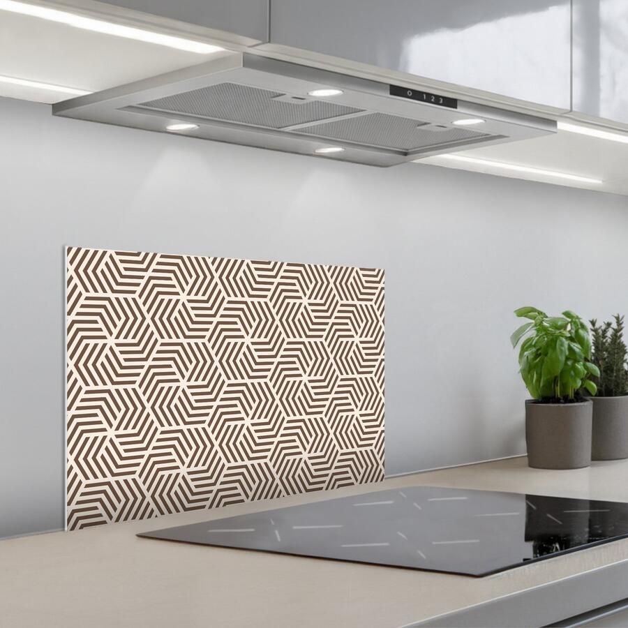 KitchenYeah Spatscherm 60x40 cm Zelfklevende achterwand Beige Bruin Patroon Strepen Keuken muurbeschermer Spatwand fornuis