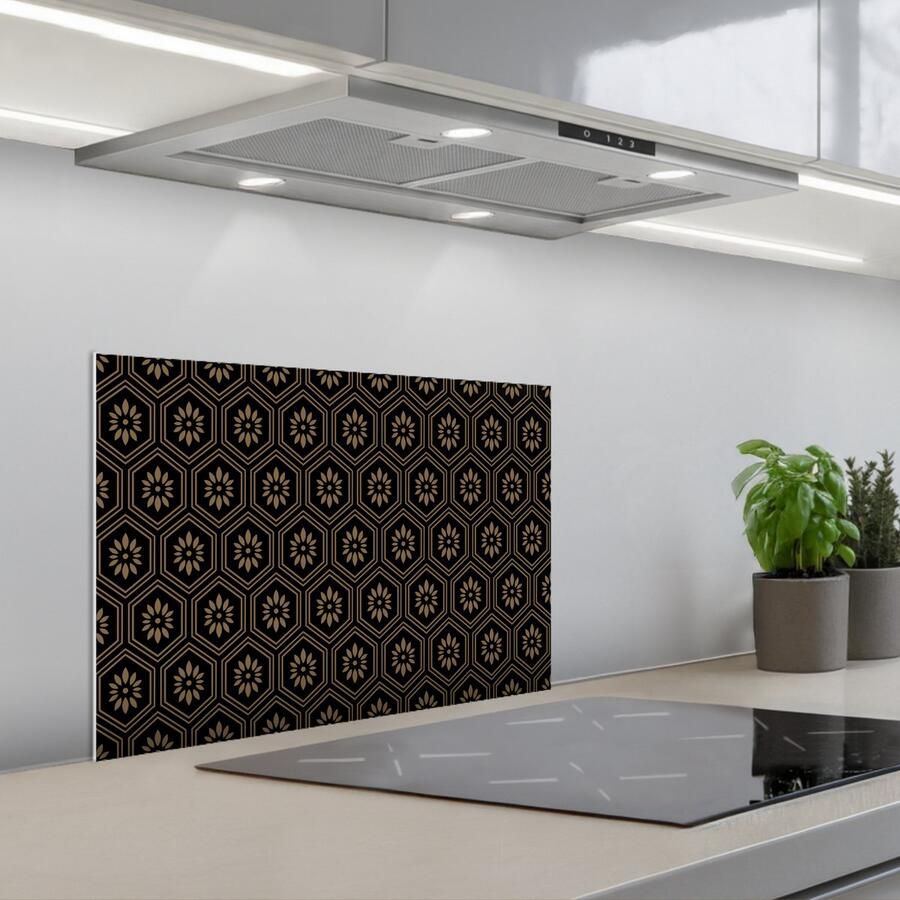 KitchenYeah Spatscherm 60x40 cm Zelfklevende achterwand Bloemen Goud Hexagon Keuken muurbeschermer Spatwand fornuis
