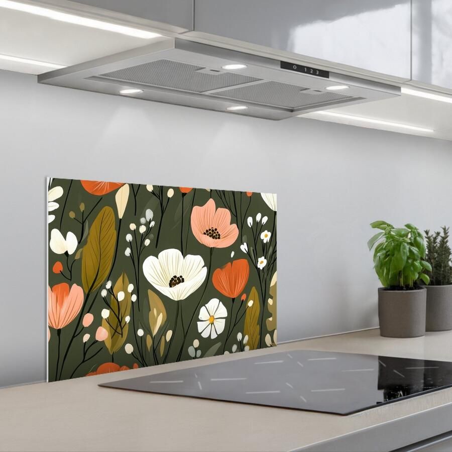 KitchenYeah Spatscherm 60x40 cm Zelfklevende achterwand Bloemen Illustratie Groen Keuken muurbeschermer Spatwand fornuis