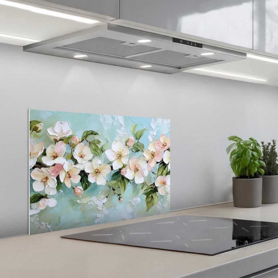 KitchenYeah Spatscherm 60x40 cm Zelfklevende achterwand Bloesem Bladeren Lichtblauw Keuken muurbeschermer Spatwand fornuis