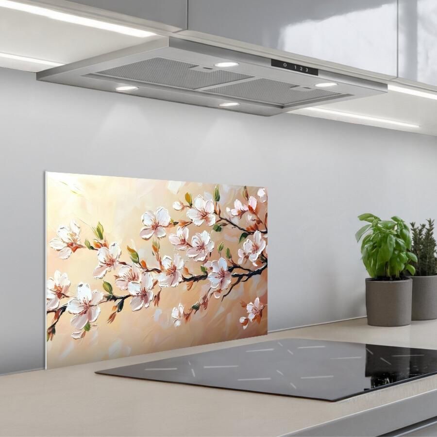 KitchenYeah Spatscherm 60x40 cm Zelfklevende achterwand Bloesemtakken Schilderachtig Roze Keuken muurbeschermer Spatwand fornuis - Foto 1