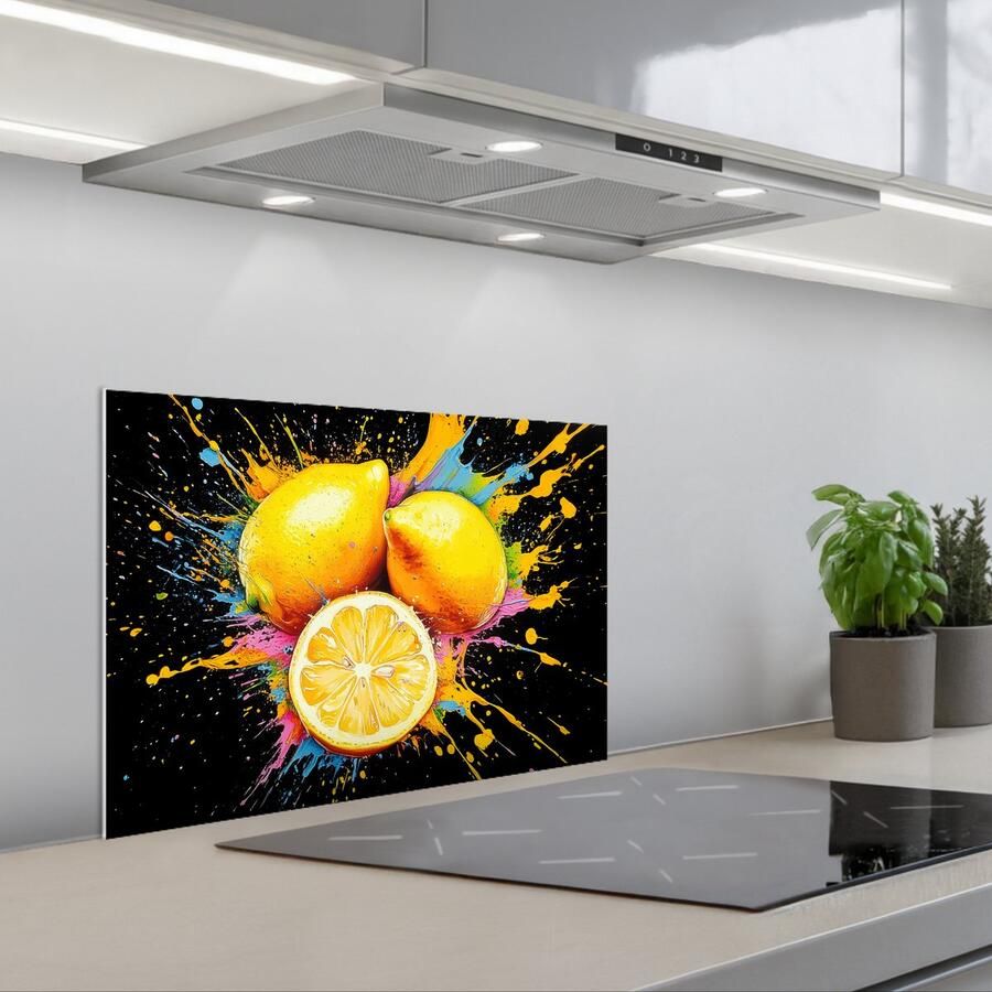 KitchenYeah Spatscherm 60x40 cm Zelfklevende achterwand Citroen Graffiti Kleurrijk Verf Modern Keuken muurbeschermer Spatwand fornuis