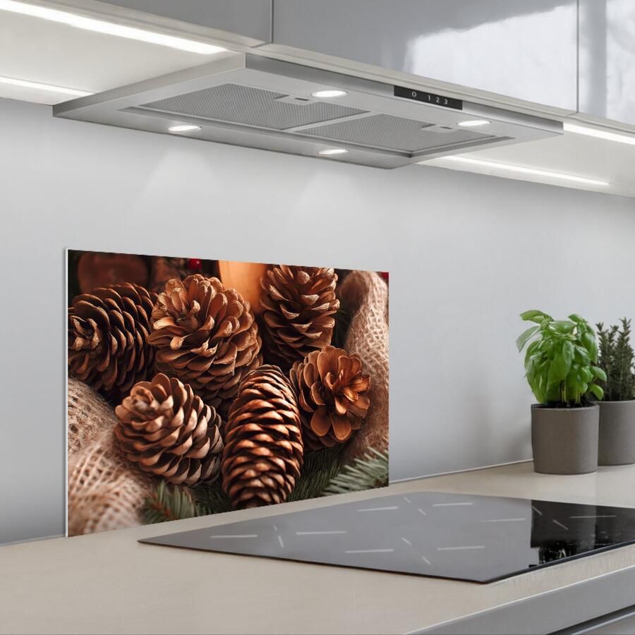 KitchenYeah Spatscherm 60x40 cm Zelfklevende achterwand Dennenappels Boom Winter Natuur Bruin Keuken muurbeschermer Spatwand fornuis