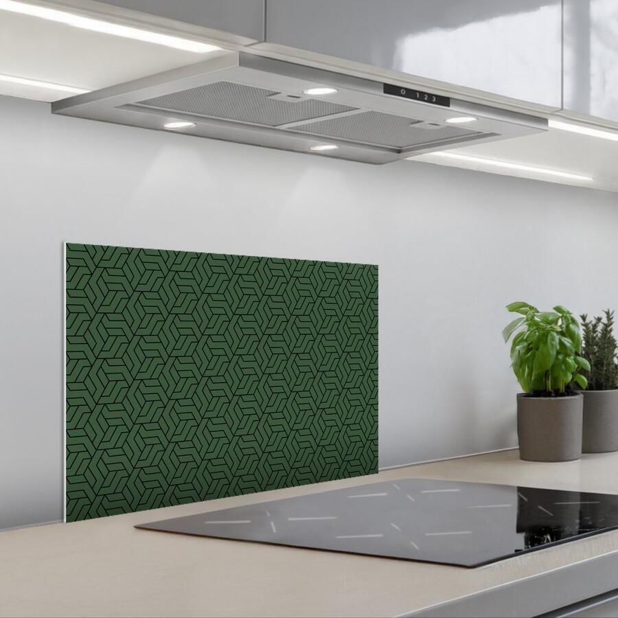 KitchenYeah Spatscherm 60x40 cm Zelfklevende achterwand Donkergroen Patroon Lijnen Zwart Keuken muurbeschermer Spatwand fornuis