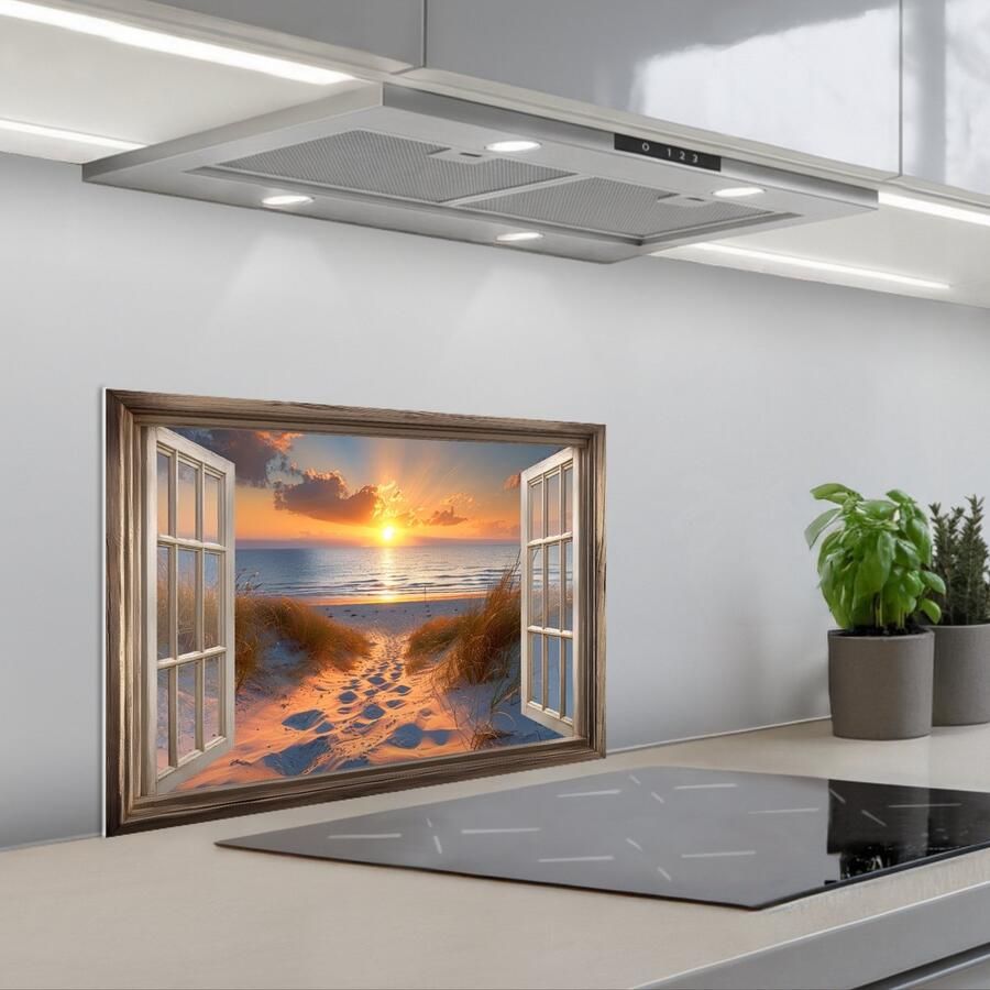KitchenYeah Spatscherm 60x40 cm Zelfklevende achterwand Doorkijk Strand Duinen Zonsondergang Keuken muurbeschermer Spatwand fornuis - Foto 1
