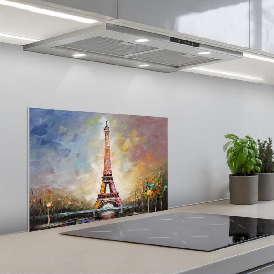 KitchenYeah Spatscherm 60x40 cm Zelfklevende achterwand Eiffeltoren Schilderij Olieverf Parijs Keuken muurbeschermer Spatwand fornuis