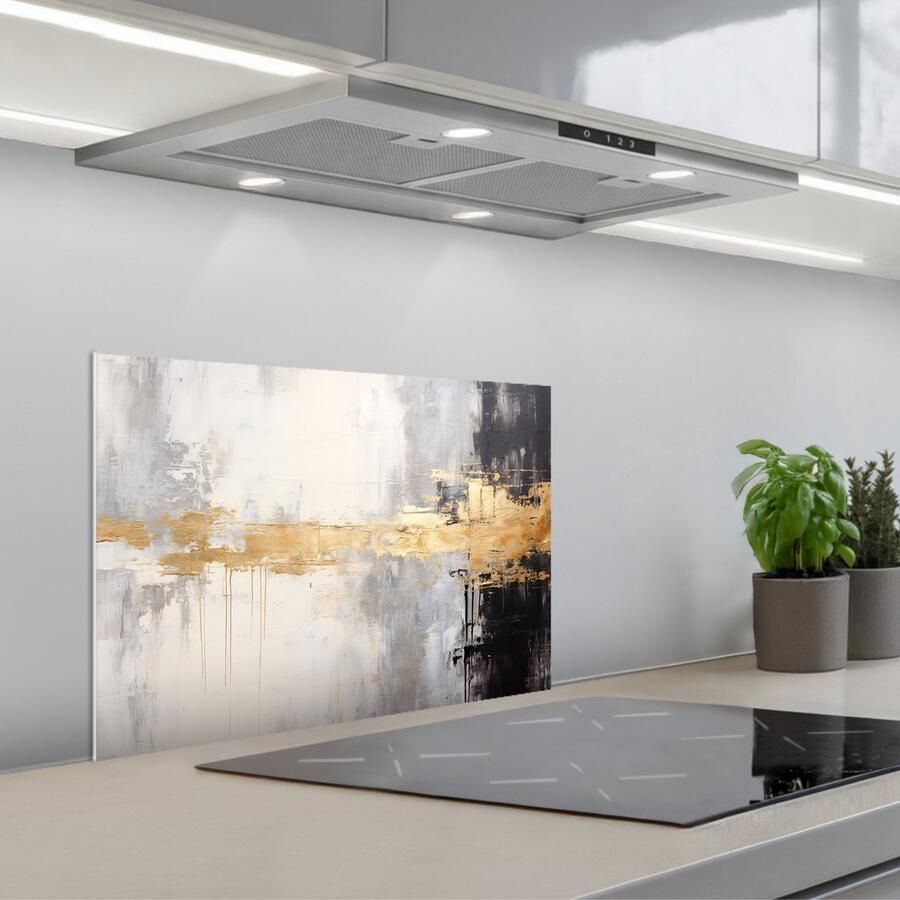 KitchenYeah Spatscherm 60x40 cm Zelfklevende achterwand Goud Luxe Acryl Kunst Keuken muurbeschermer Spatwand fornuis