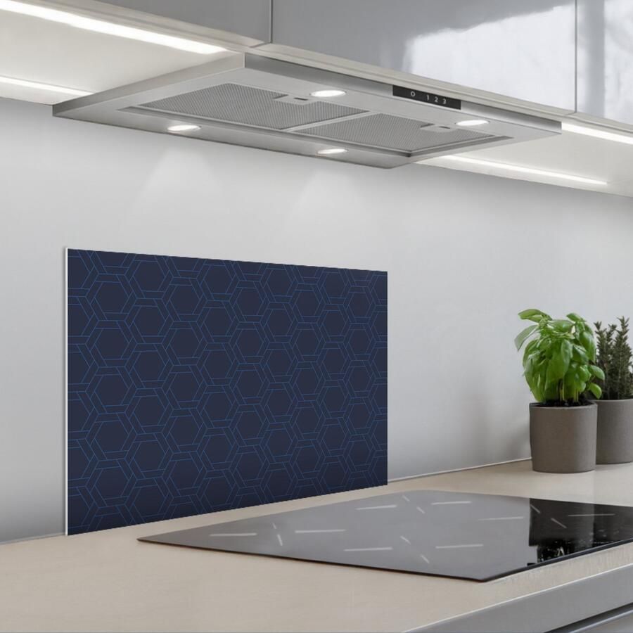 KitchenYeah Spatscherm 60x40 cm Zelfklevende achterwand Hexagon Patroon Blauw Keuken muurbeschermer Spatwand fornuis