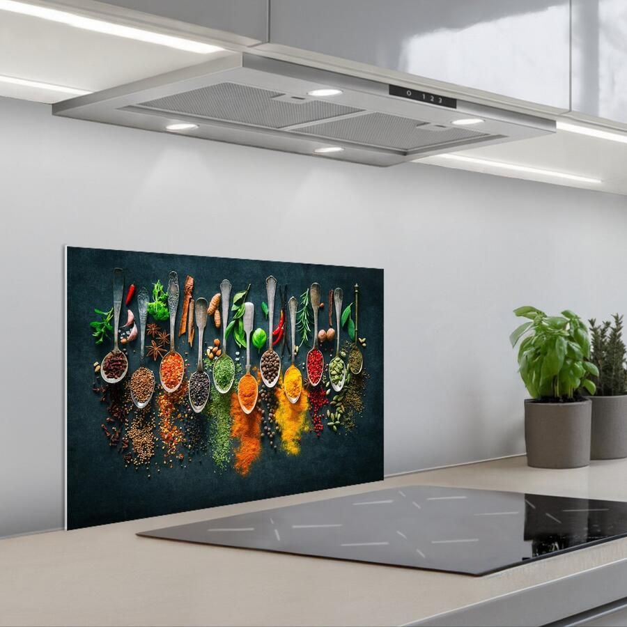 KitchenYeah Spatscherm 60x40 cm Zelfklevende achterwand Kruiden Specerijen Lepels Keuken muurbeschermer Spatwand fornuis