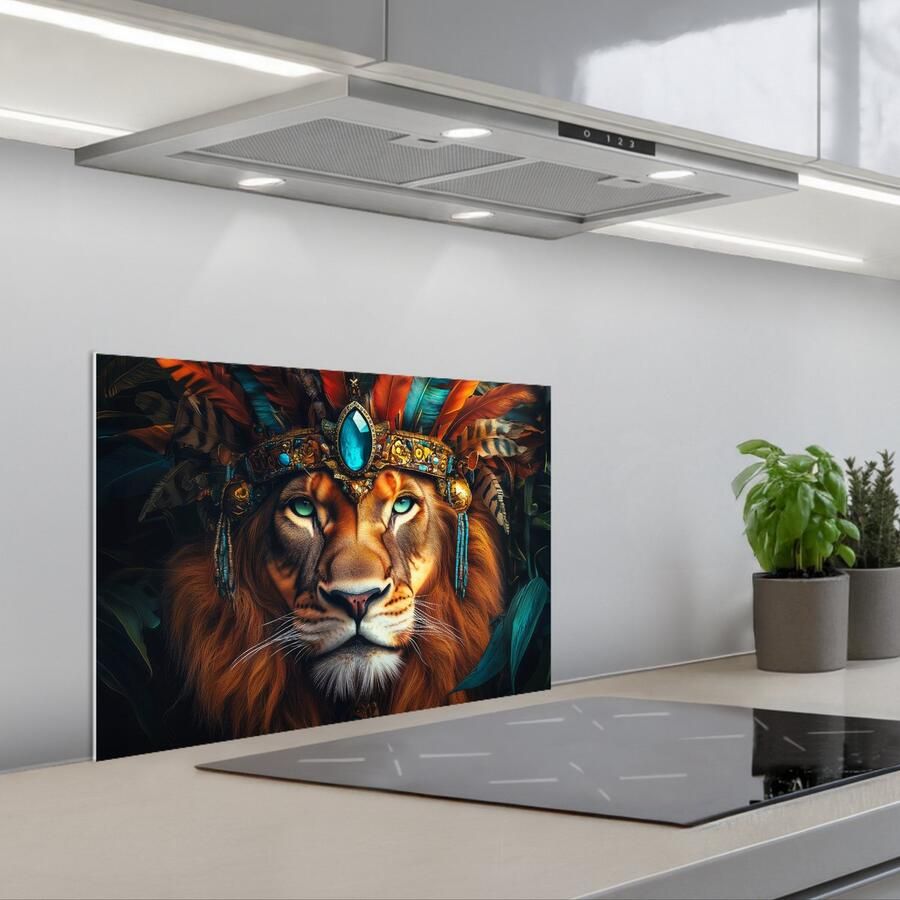 KitchenYeah Spatscherm 60x40 cm Zelfklevende achterwand Leeuw Bladeren Jungle Veren Keuken muurbeschermer Spatwand fornuis