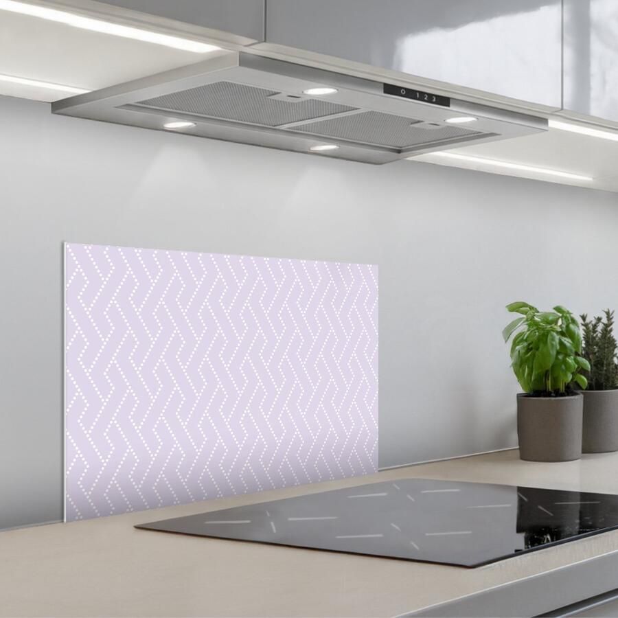 KitchenYeah Spatscherm 60x40 cm Zelfklevende achterwand Lila Stippen Wit Patroon Keuken muurbeschermer Spatwand fornuis