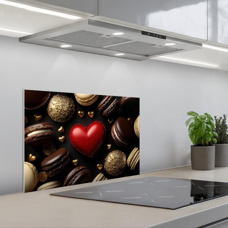 KitchenYeah Spatscherm 60x40 cm Zelfklevende achterwand Macarons Rood Hart Keuken muurbeschermer Spatwand fornuis