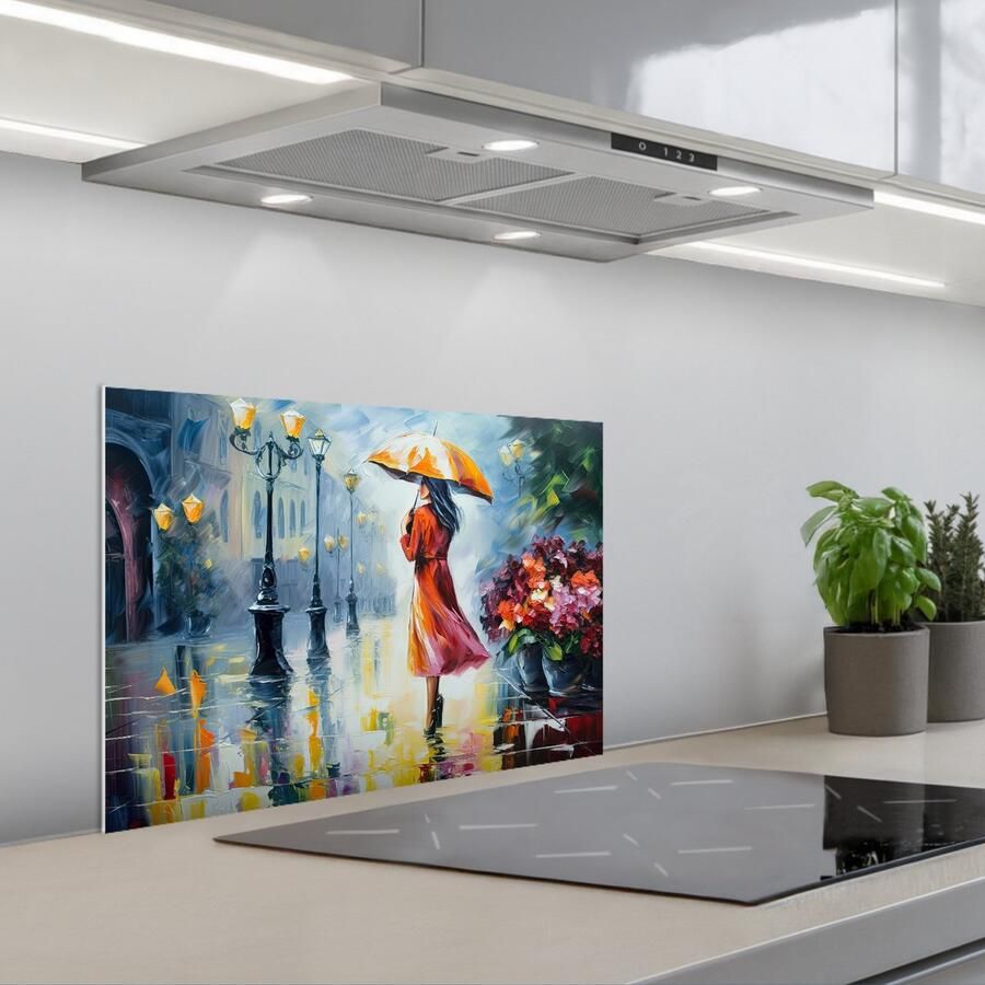 KitchenYeah Spatscherm 60x40 cm Zelfklevende achterwand Olieverf Paraplu Vrouw Straat Kunst Keuken muurbeschermer Spatwand fornuis
