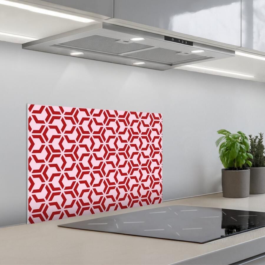 KitchenYeah Spatscherm 60x40 cm Zelfklevende achterwand Roze Rood Geometrisch Patroon Keuken muurbeschermer Spatwand fornuis