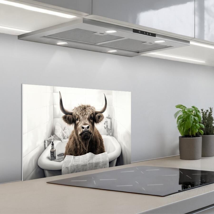 KitchenYeah Spatscherm 60x40 cm Zelfklevende achterwand Schotse hooglander Badkuip Badkamer Krant Keuken muurbeschermer Spatwand fornuis