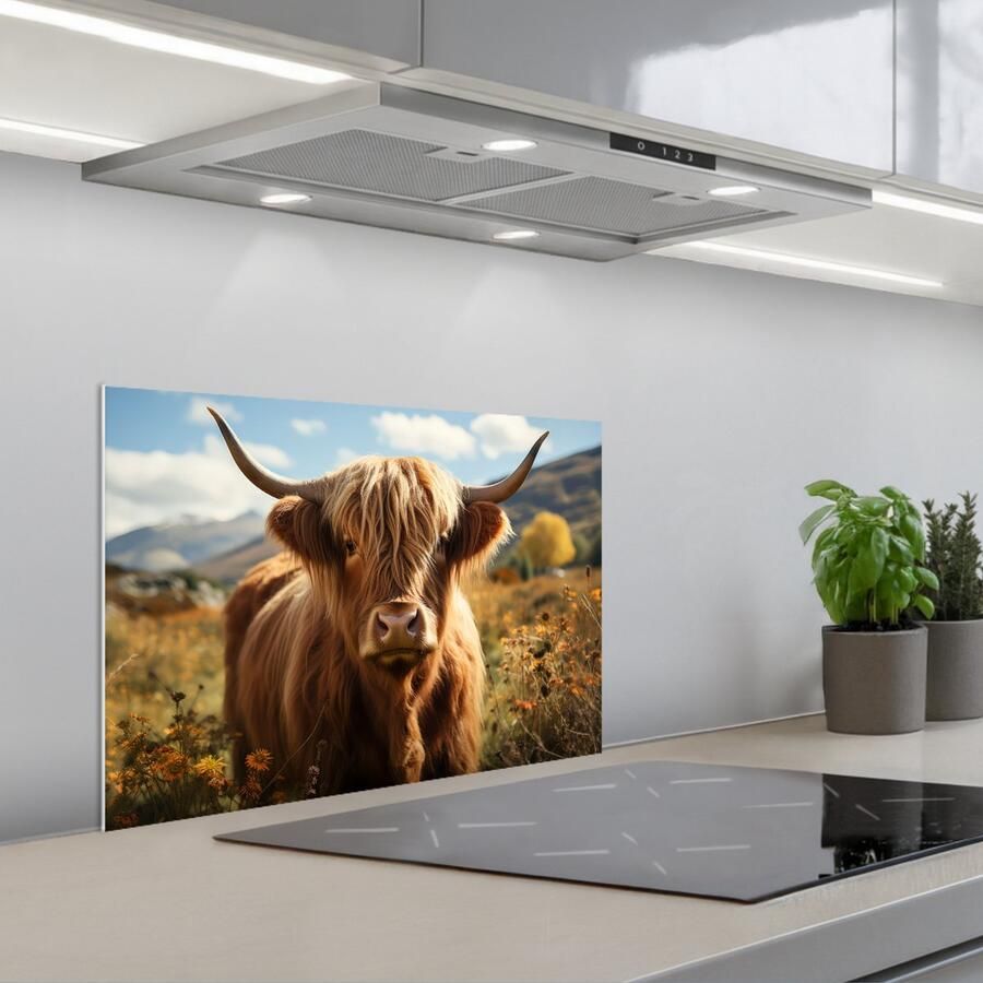 KitchenYeah Spatscherm 60x40 cm Zelfklevende achterwand Schotse hooglander Bloemen Hoorns Wolken Keuken muurbeschermer Spatwand fornuis