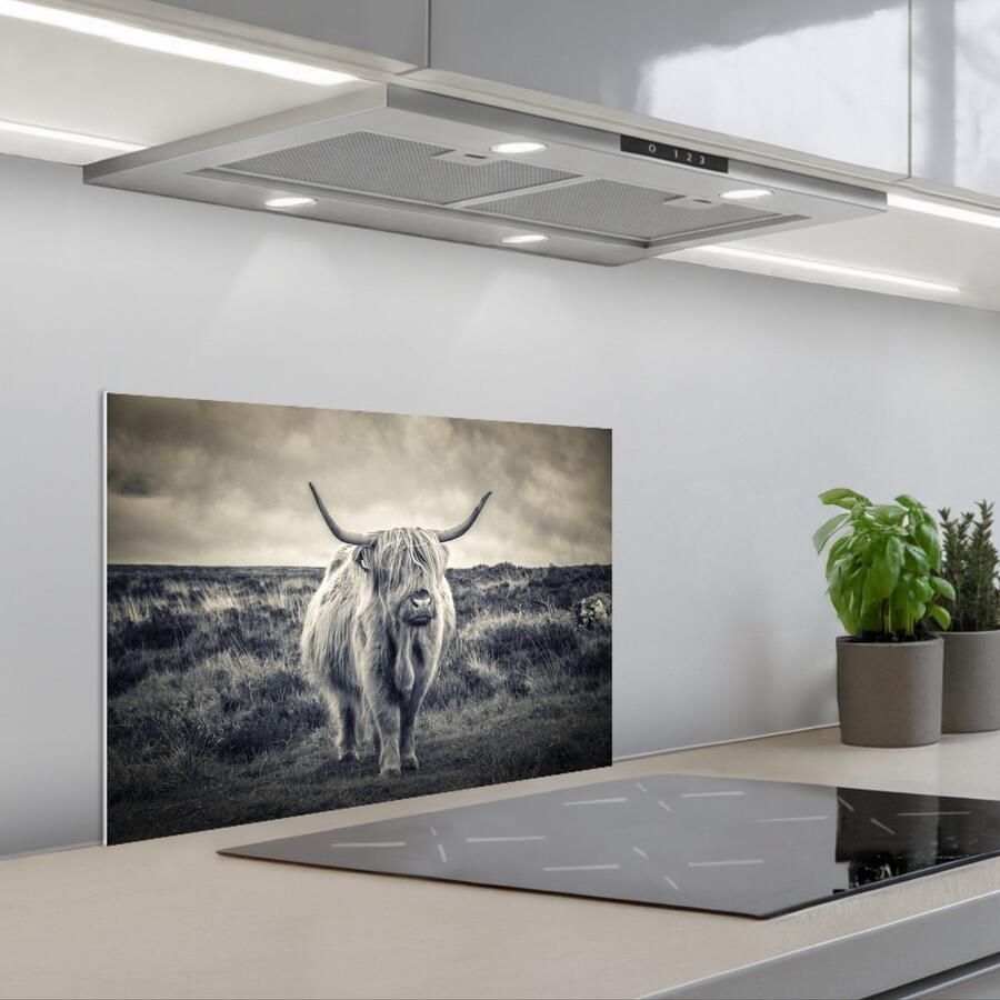 KitchenYeah Spatscherm 60x40 cm Zelfklevende achterwand Schotse hooglander Dieren Wolken Koe Natuur Keuken muurbeschermer Spatwand fornuis