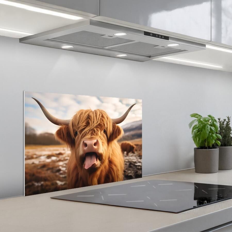 KitchenYeah Spatscherm 60x40 cm Zelfklevende achterwand Schotse hooglander Tong Hoorns Keuken muurbeschermer Spatwand fornuis